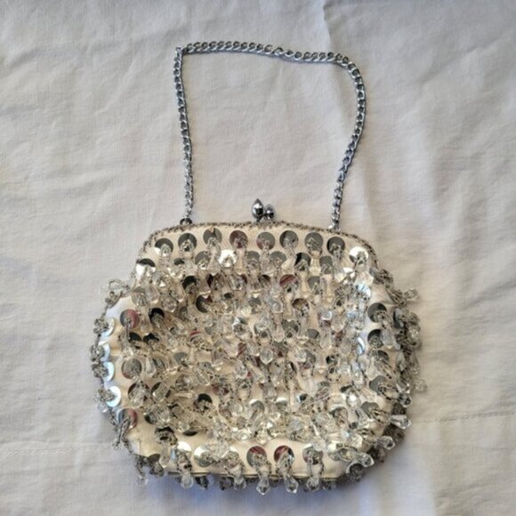 Vintage Glittery Silver Sequins Beaded Satin Evening Purse Clutch - Picture 1 of 8